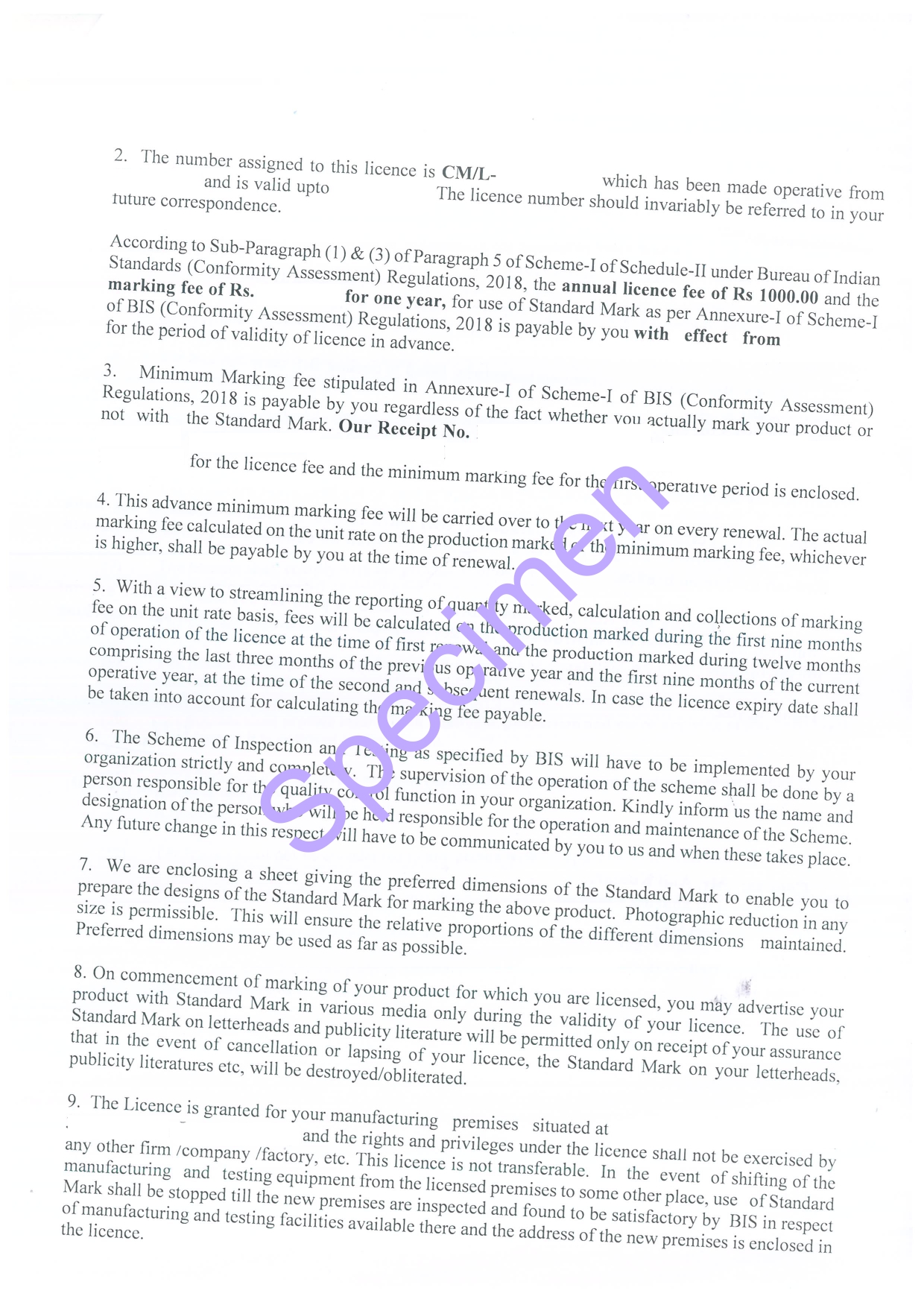 Specimen copy of ISI / BIS Certification Certificate - Section2