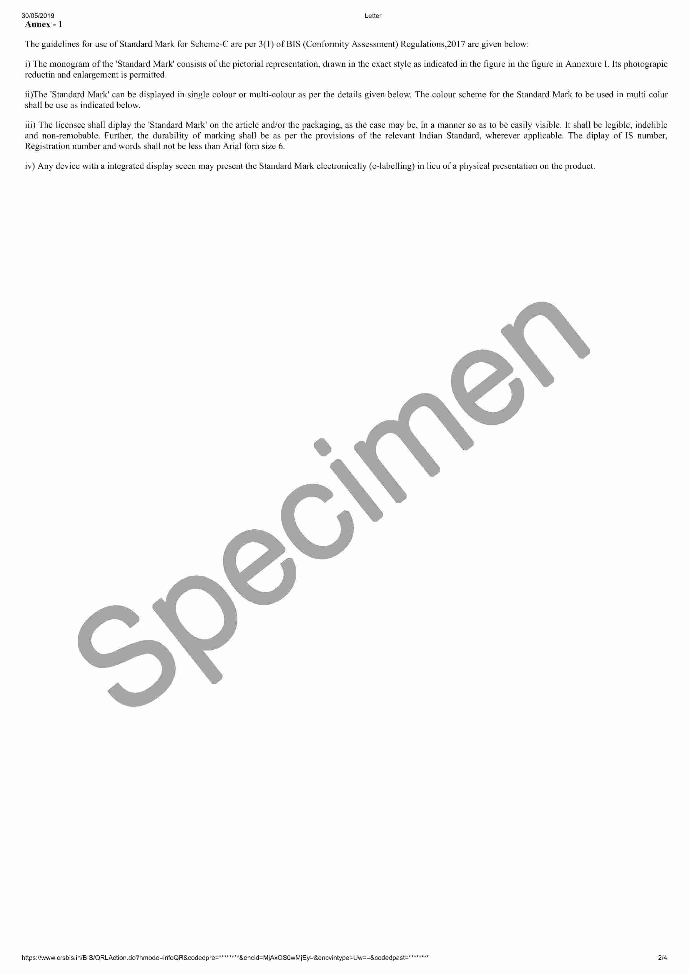 Format of BIS Registration Certificate -Section2