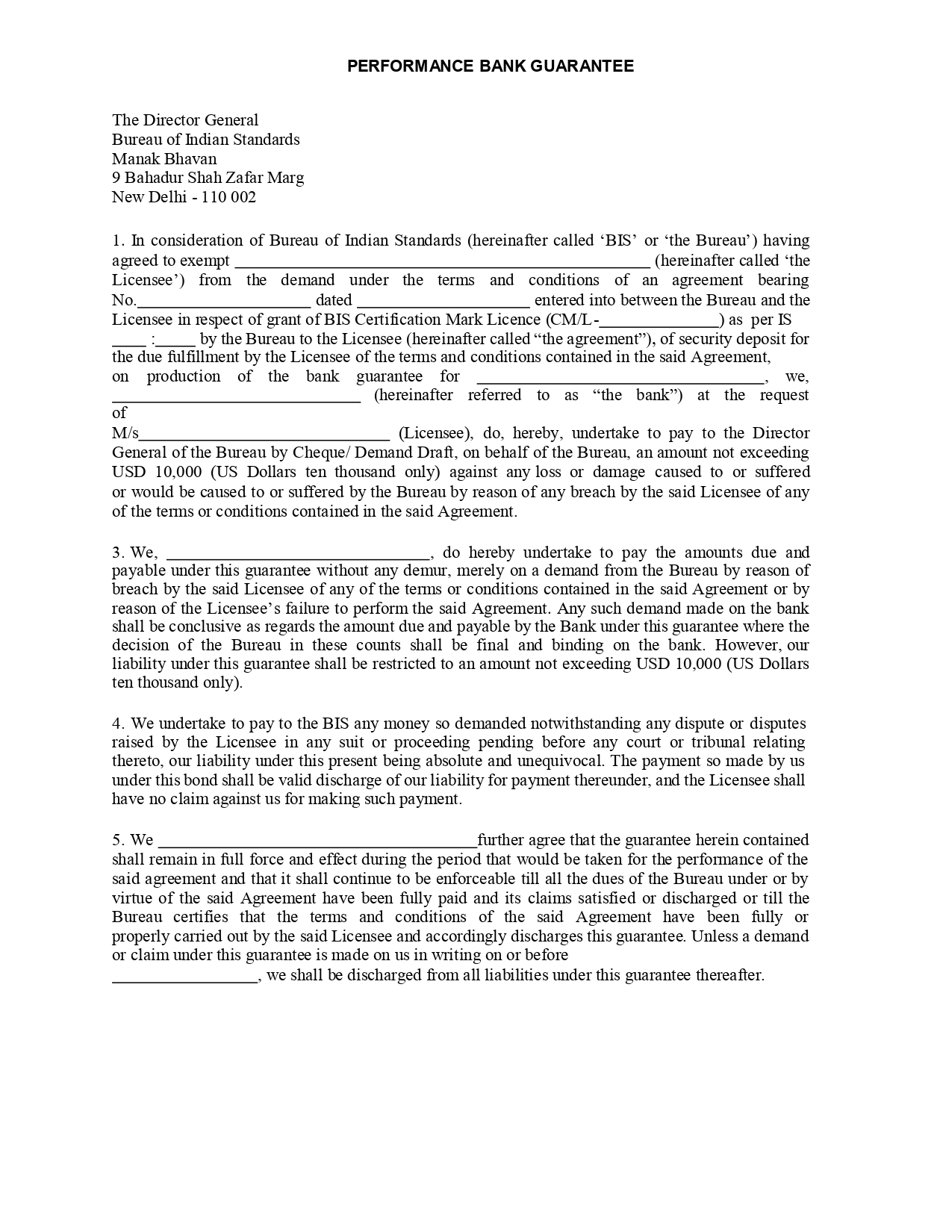 Sample Performance Bank Guarantee Format for BIS Certification CML License- 1