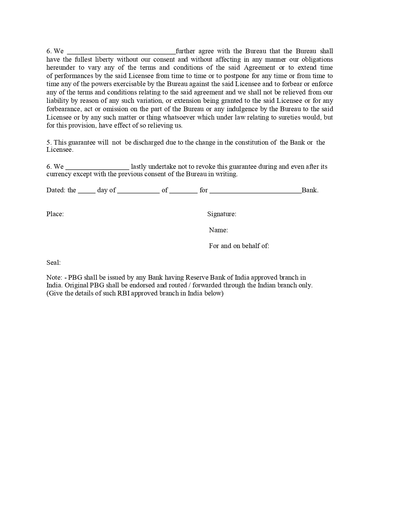 Sample Performance Bank Guarantee Format for BIS Certification CML License- 2
