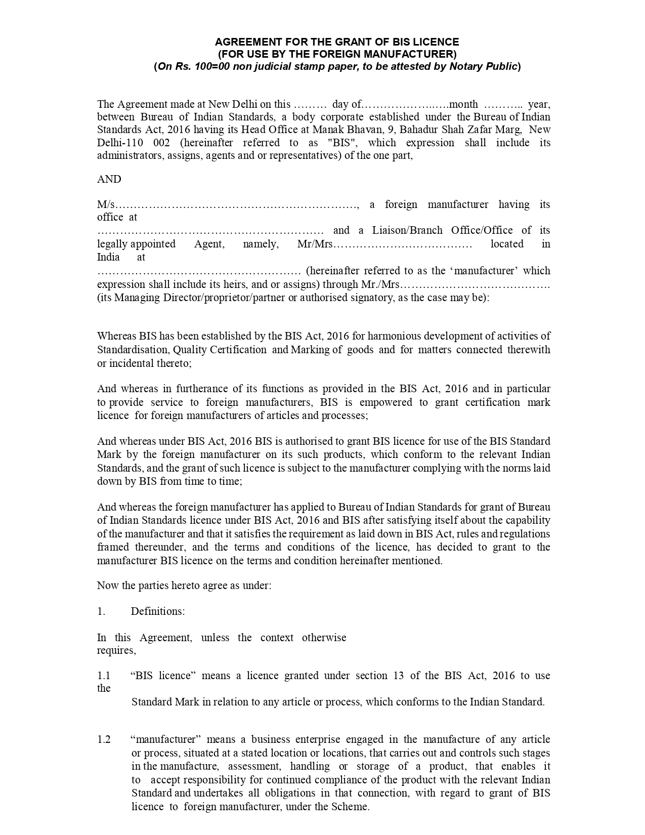 Format of Agreement for the Grant of BIS Licence - 1