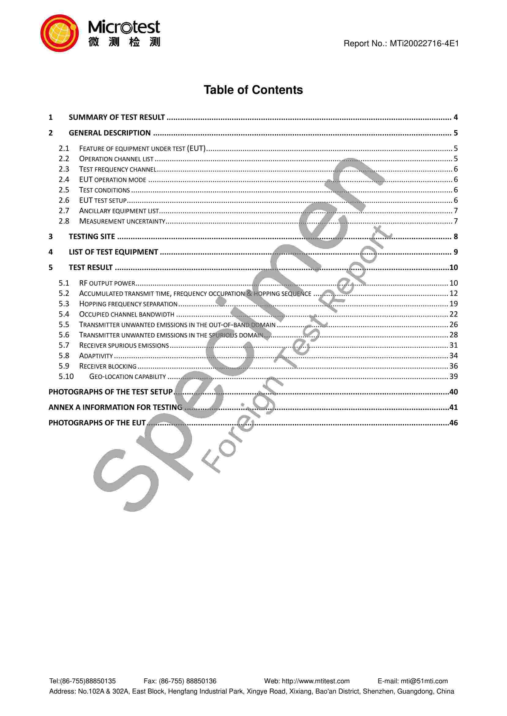 Format of RF Test Report-Foreign Manufacturer- Section 2