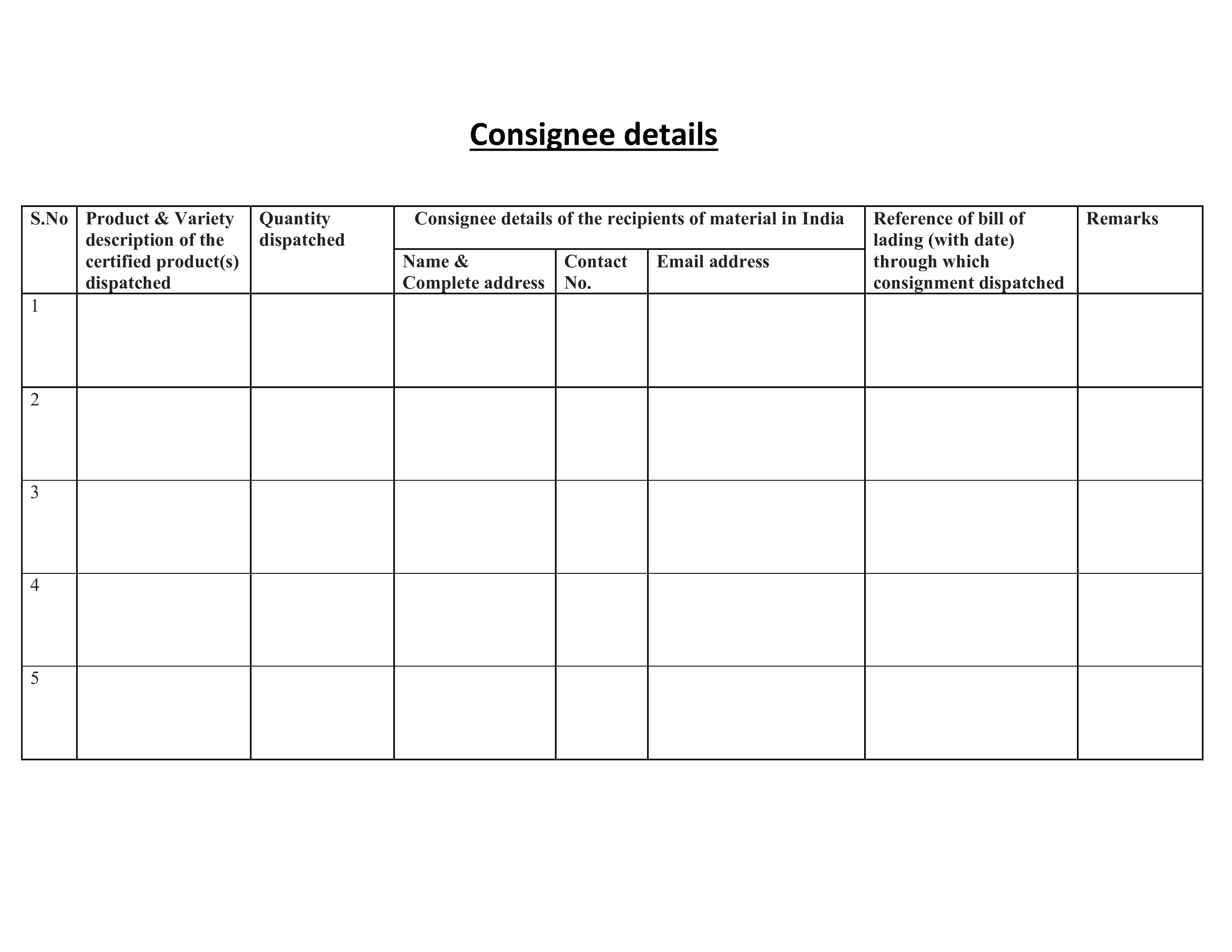 Format of Consignee details table template for certified product dispatch