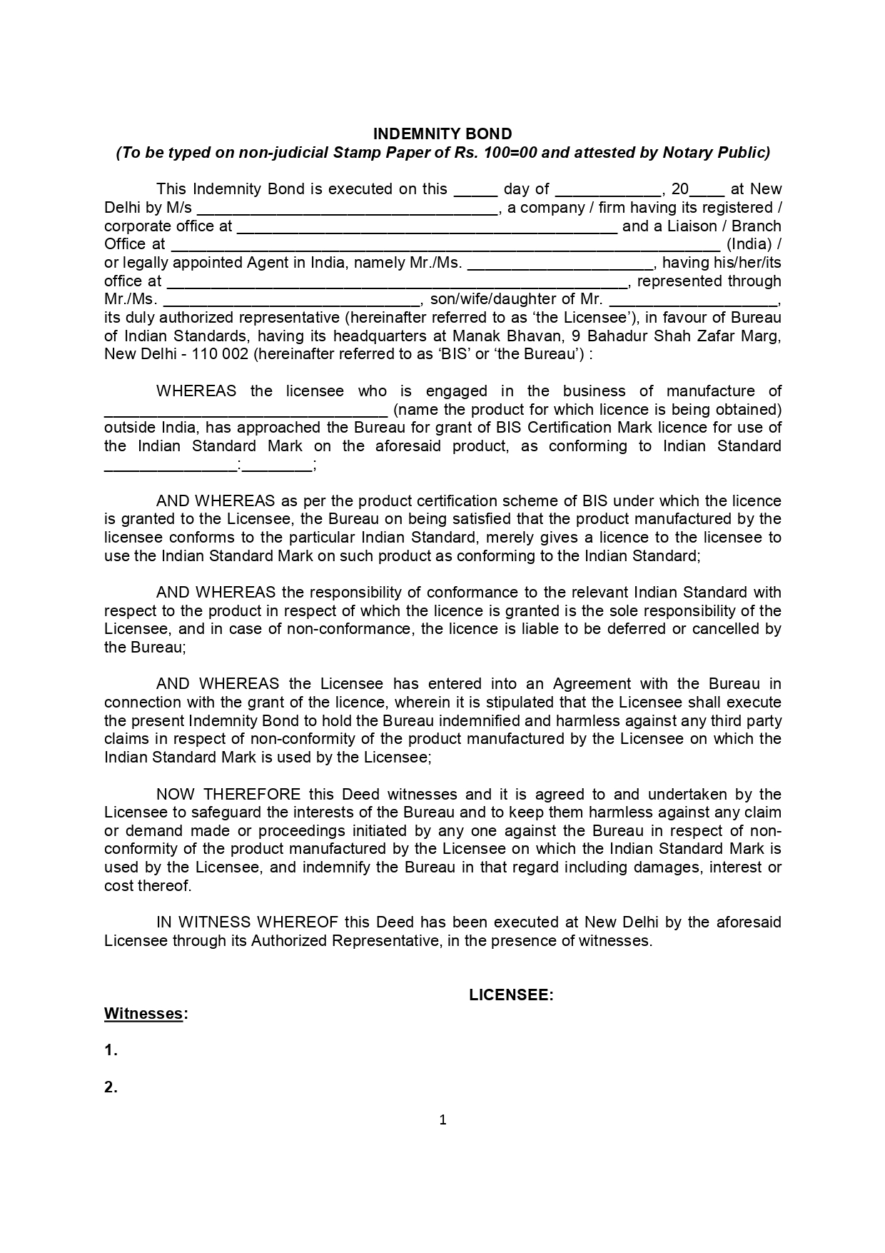 Indemnity bond draft for BIS certification on non-judicial stamp paper